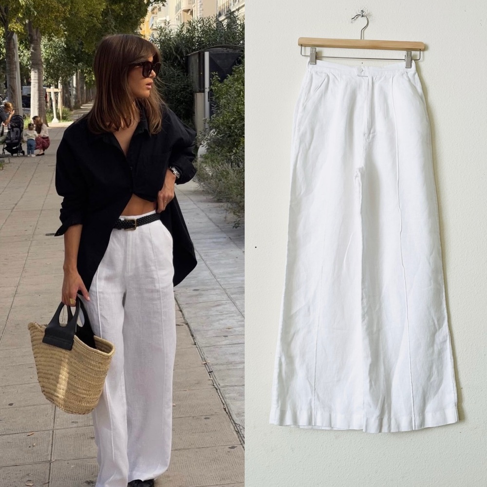Posse White High-Waist Wide-Leg Linen Trousers